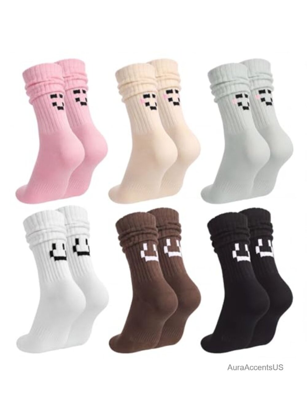 6 Pairs Women Slouch Socks Ribbed Scrunch Crew Cotton Calf Socks
